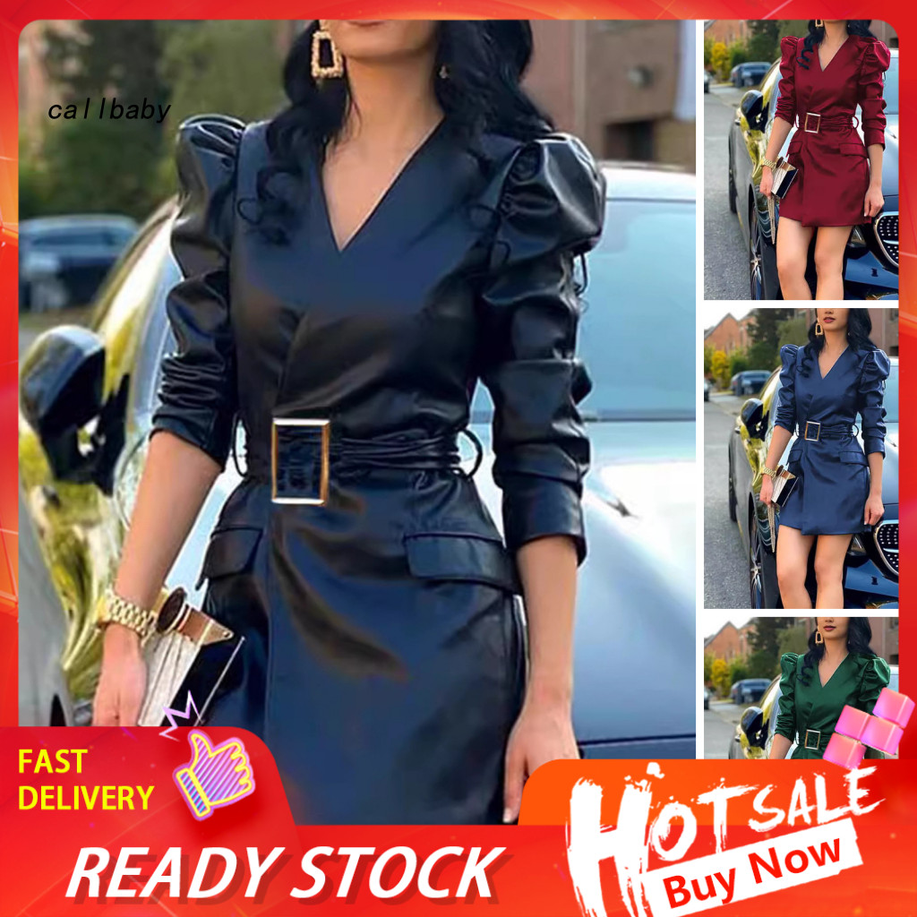 Women Dress Short Spring Women’s V Neck Faux Leather Mini with Belted Waist and Long Bubble Sleeves – Stylish Solid
