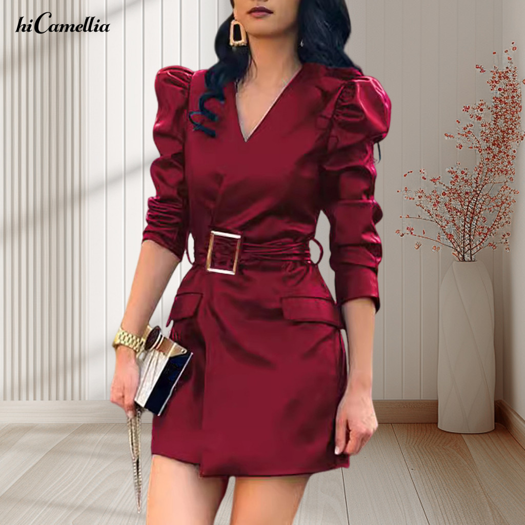 Women Dress Puff Sleeve Spring Women’s V Neck Faux Leather Mini with Belted Waist and Long Bubble Sleeves – Stylish