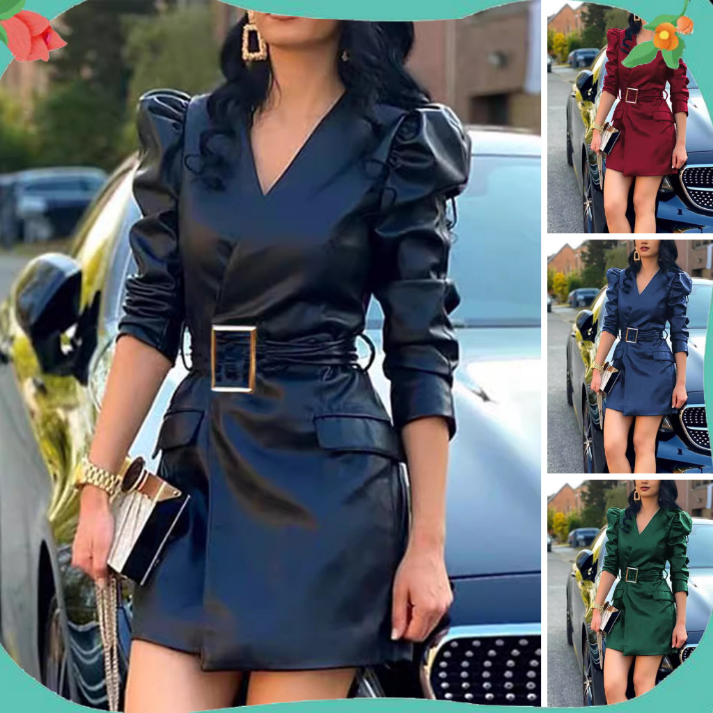 Women Dress Spring Mini Women’s V Neck Faux Leather with Belted Waist and Long Bubble Sleeves – Stylish Solid Color