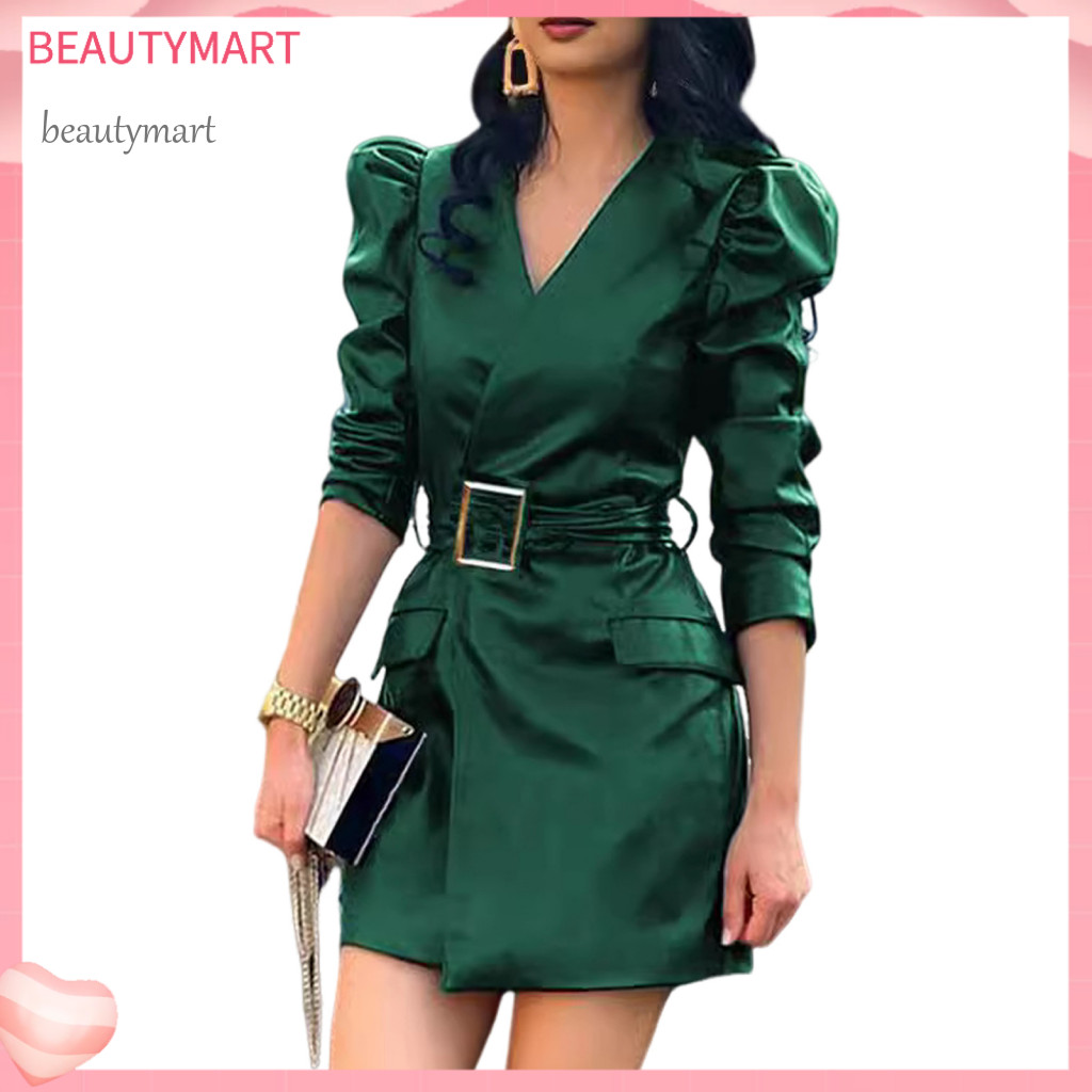 Lady Dress Women Spring Women’s V Neck Faux Leather Mini with Belted Waist and Long Bubble Sleeves – Stylish Solid C