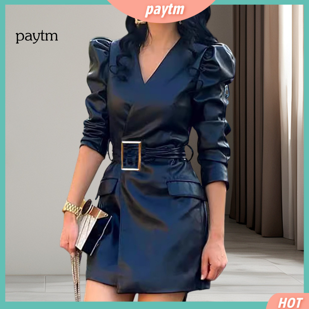 Lady Slim Fit Dress Waist Mini Spring Women’s V Neck Faux Leather with Belted and Long Bubble Sleeves – Stylish Soli