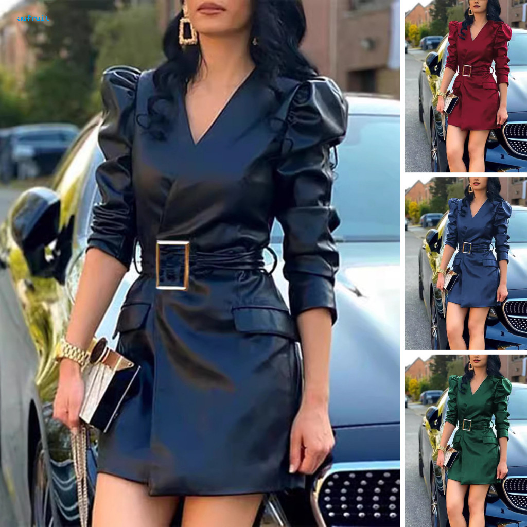 Lady Slim Fit Dress Fall Short Spring Women’s V Neck Faux Leather Mini with Belted Waist and Long Bubble Sleeves – S