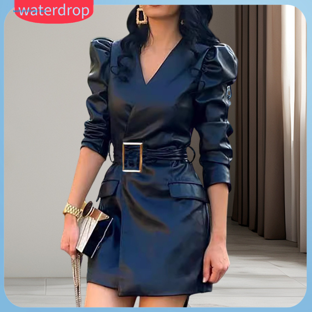 Spring Women’s V Neck Faux Leather Mini Dress with Belted Waist and Long Bubble Sleeves – Stylish Solid Color Office