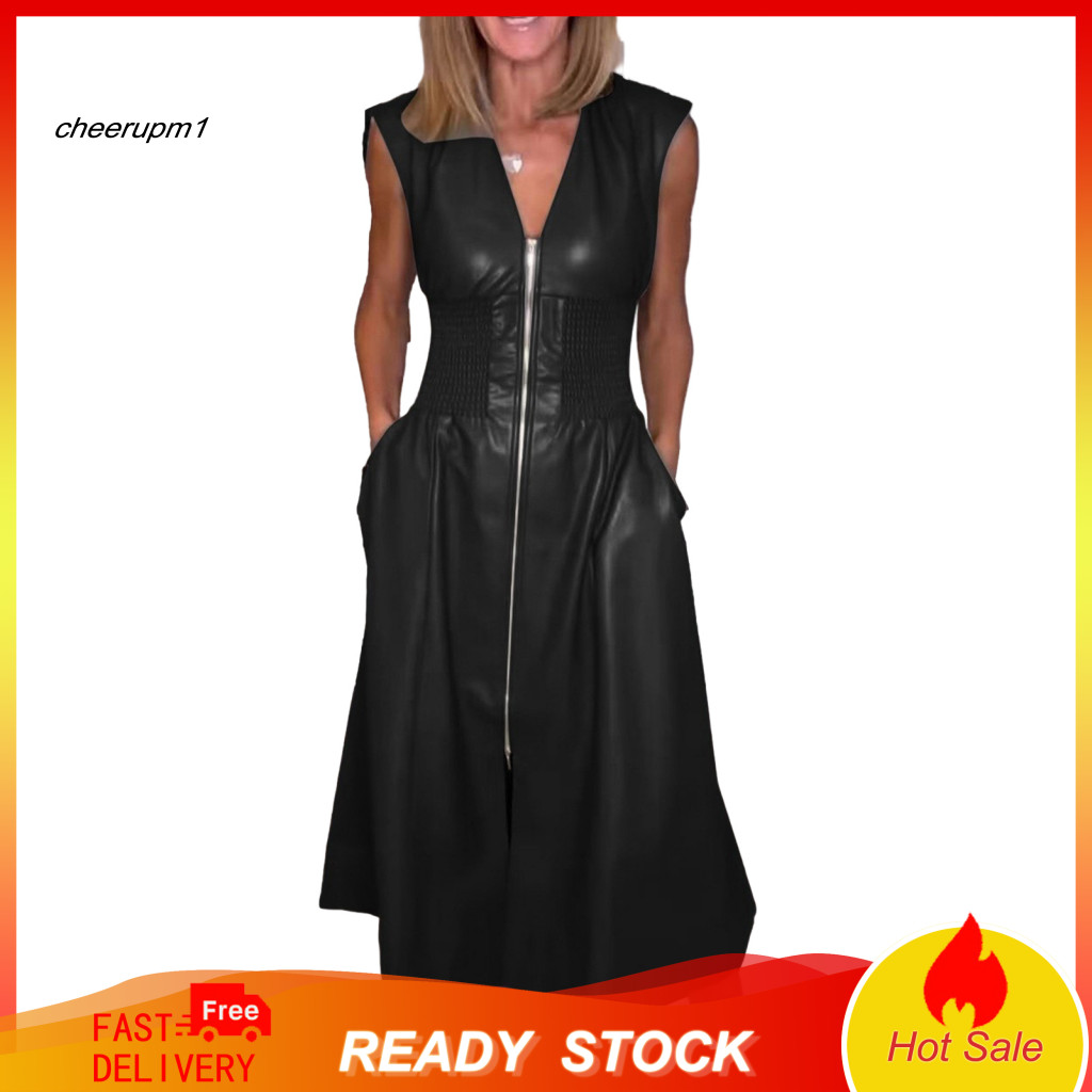 Soft Lightweight Fabric Dress Chic Leather Pocket Women’s Faux Front Zip V Neck Smocked High Waist Pleated Long for Ni