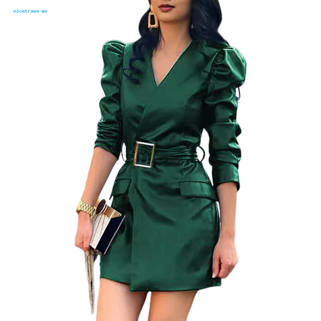 Fall Short Dress Women Spring Women’s V Neck Faux Leather Mini with Belted Waist and Long Bubble Sleeves – Stylish S