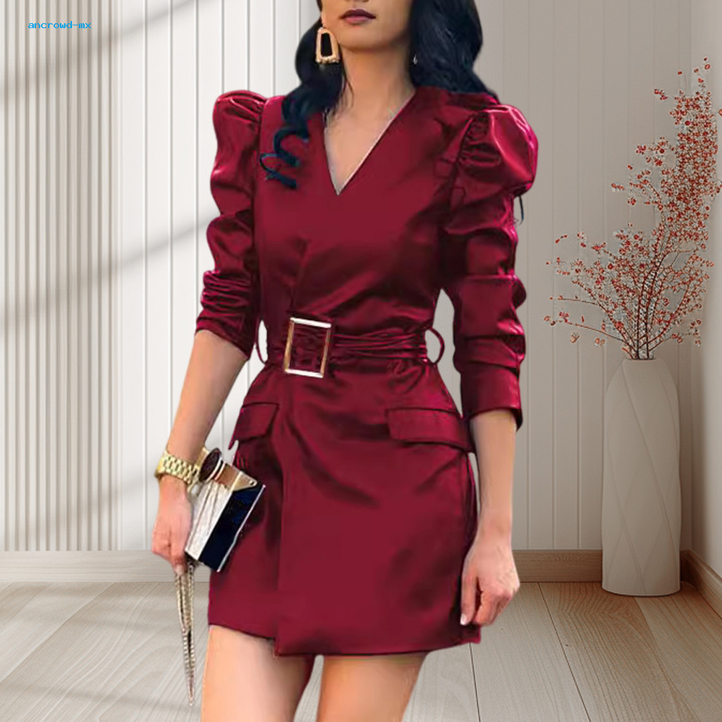 Women Dress Slim Fit Spring Women’s V Neck Faux Leather Mini with Belted Waist and Long Bubble Sleeves – Stylish Sol