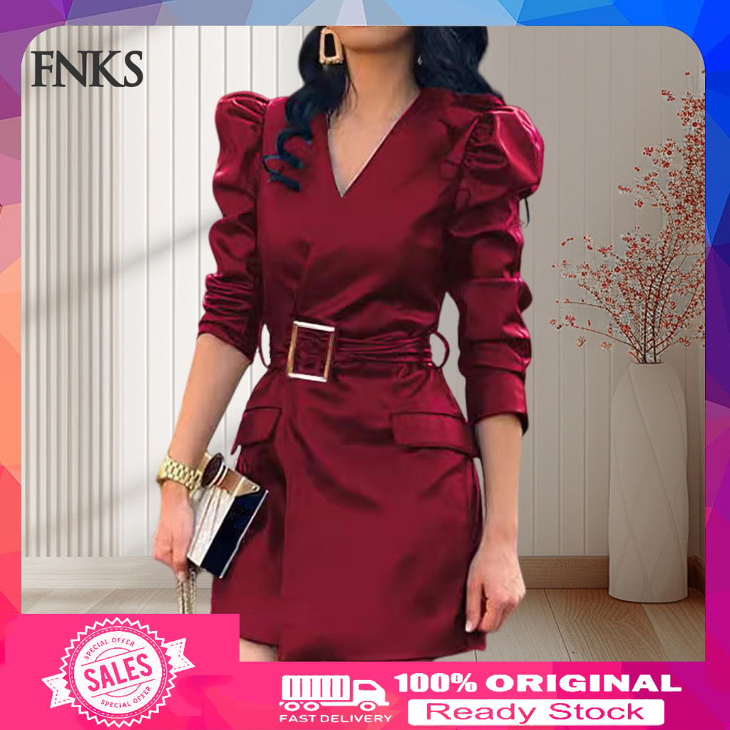 Women Dress Commuting Spring Women’s V Neck Faux Leather Mini with Belted Waist and Long Bubble Sleeves – Stylish So