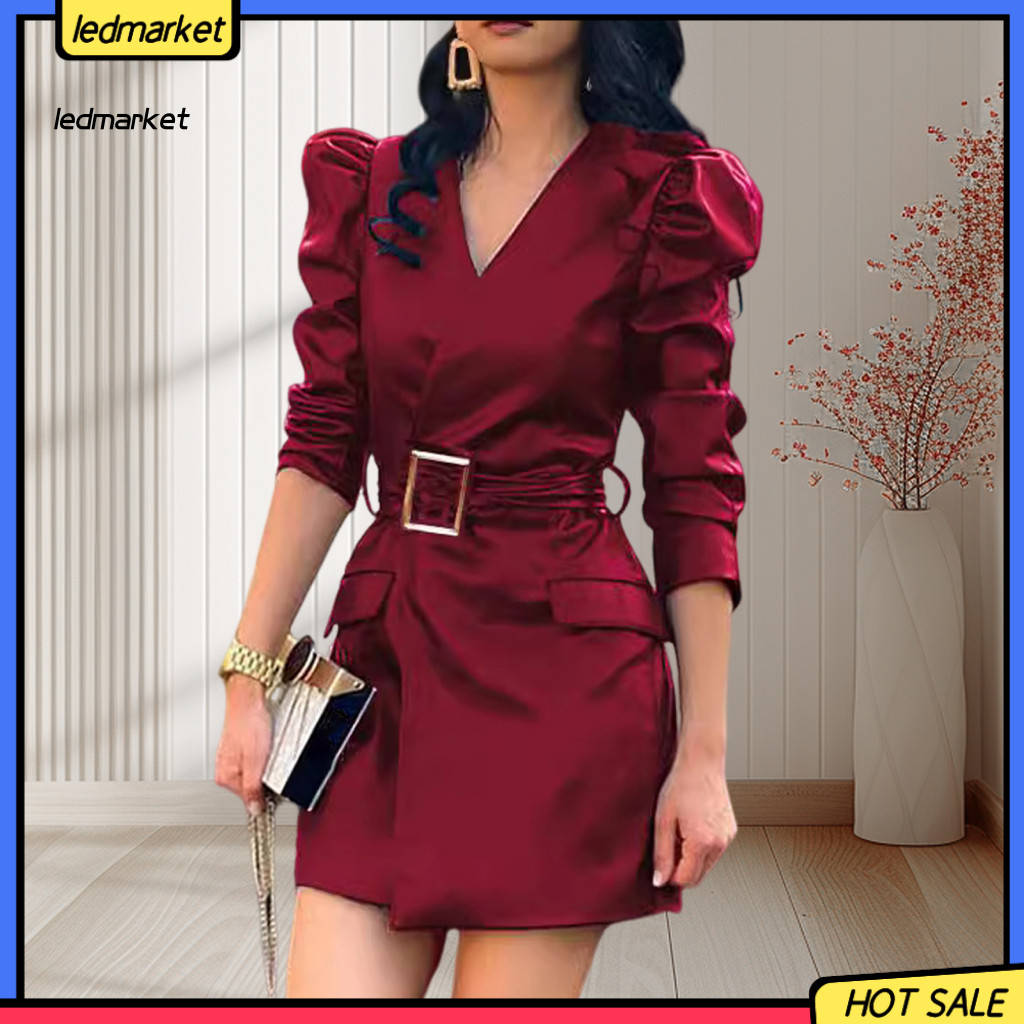 Puff Sleeve Dress Women Spring Women’s V Neck Faux Leather Mini with Belted Waist and Long Bubble Sleeves – Stylish