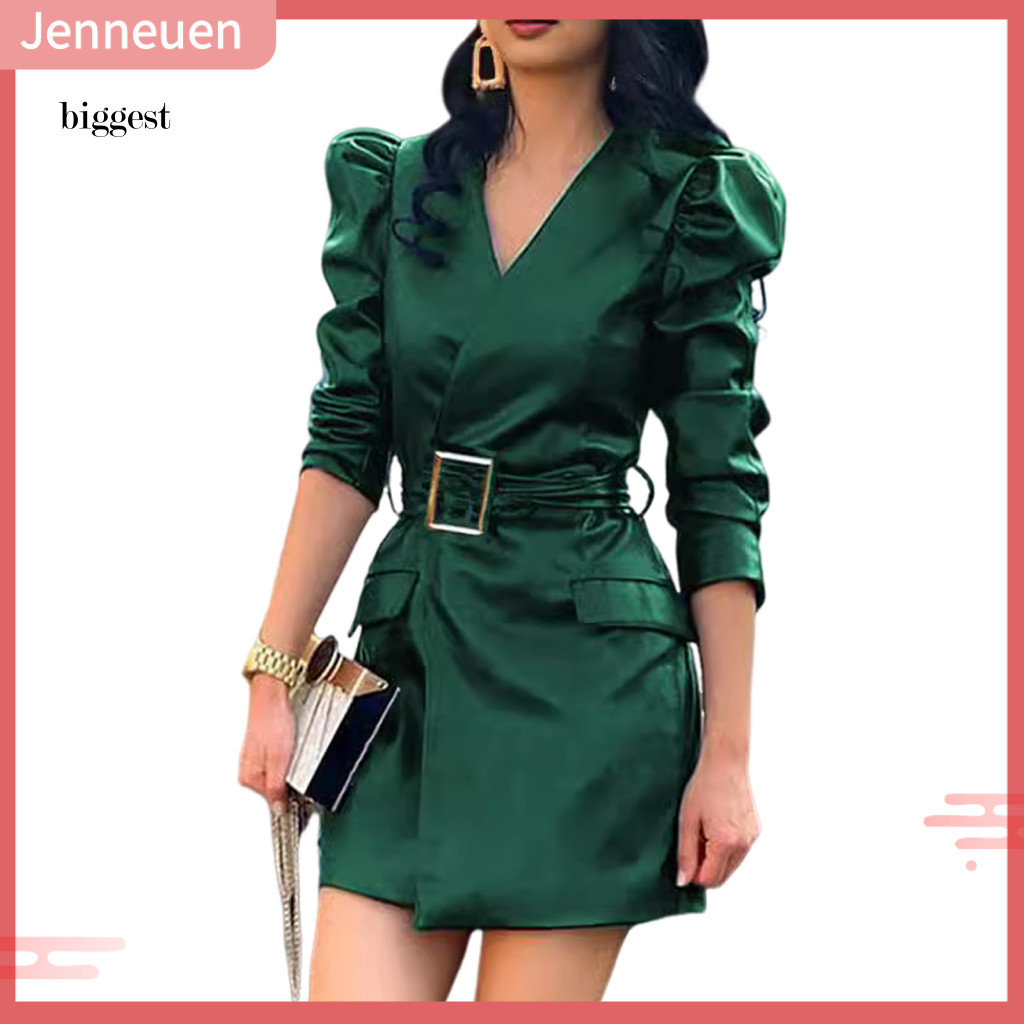 Commuting Dress Women Spring Women’s V Neck Faux Leather Mini with Belted Waist and Long Bubble Sleeves – Stylish So