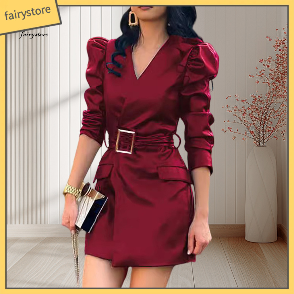 Women Dress Lady Spring Women’s V Neck Faux Leather Mini with Belted Waist and Long Bubble Sleeves – Stylish Solid C