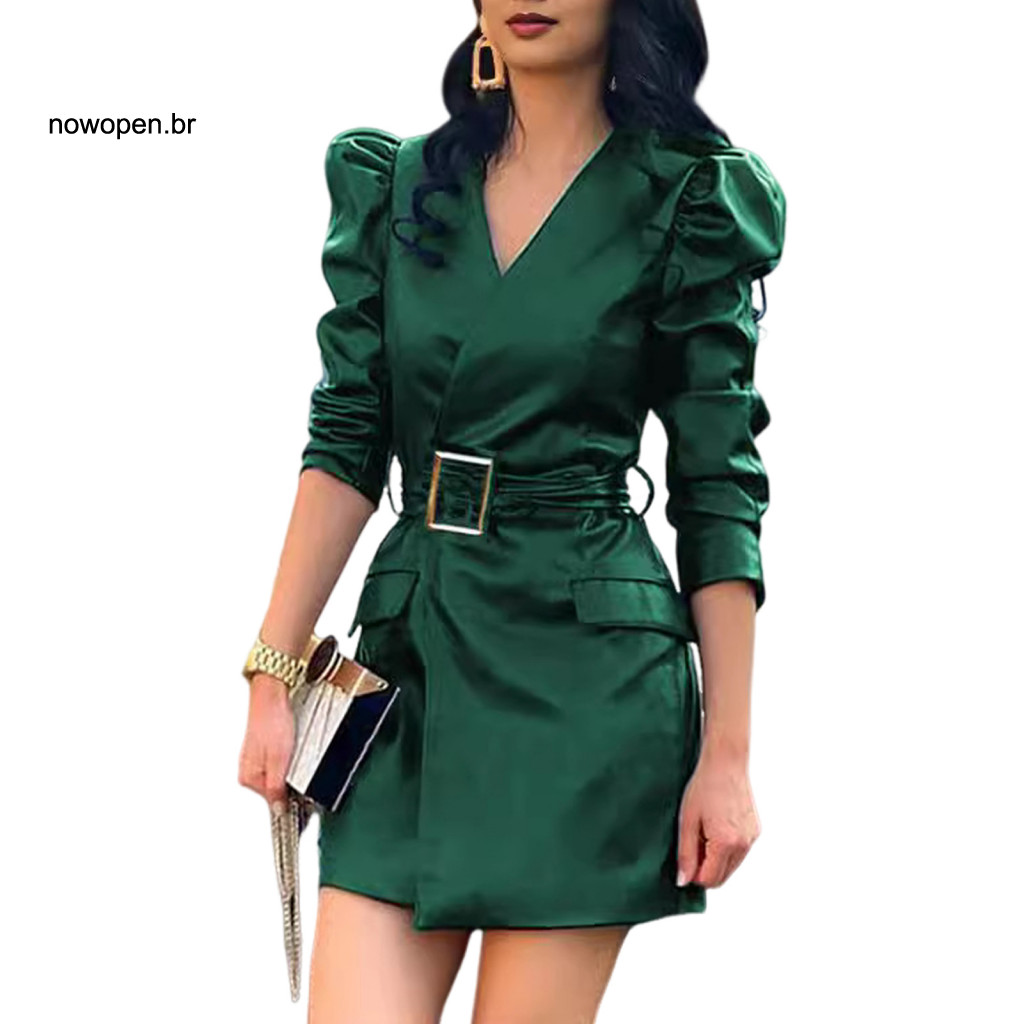 Office Dress Women Spring Women’s V Neck Faux Leather Mini with Belted Waist and Long Bubble Sleeves – Stylish Solid