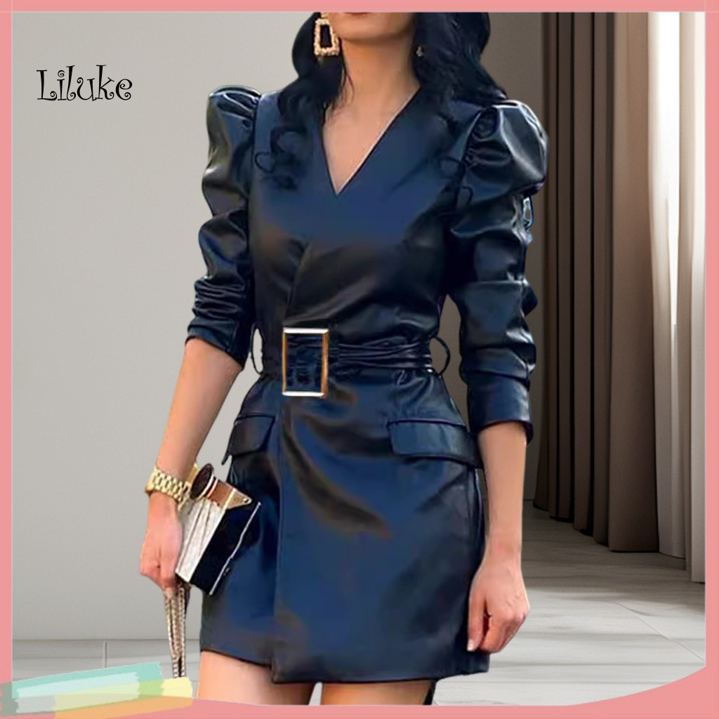 Women Mini Dress Spring Women’s V Neck Faux Leather with Belted Waist and Long Bubble Sleeves – Stylish Solid Color