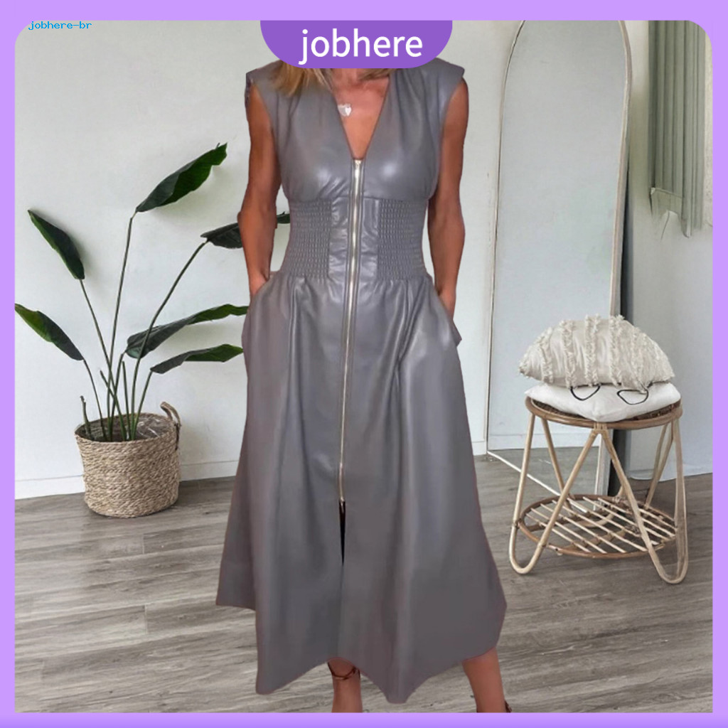 Chic Leather Pocket Dress Soft Lightweight Fabric Women’s Faux Front Zip V Neck Smocked High Waist Pleated Long for Ni