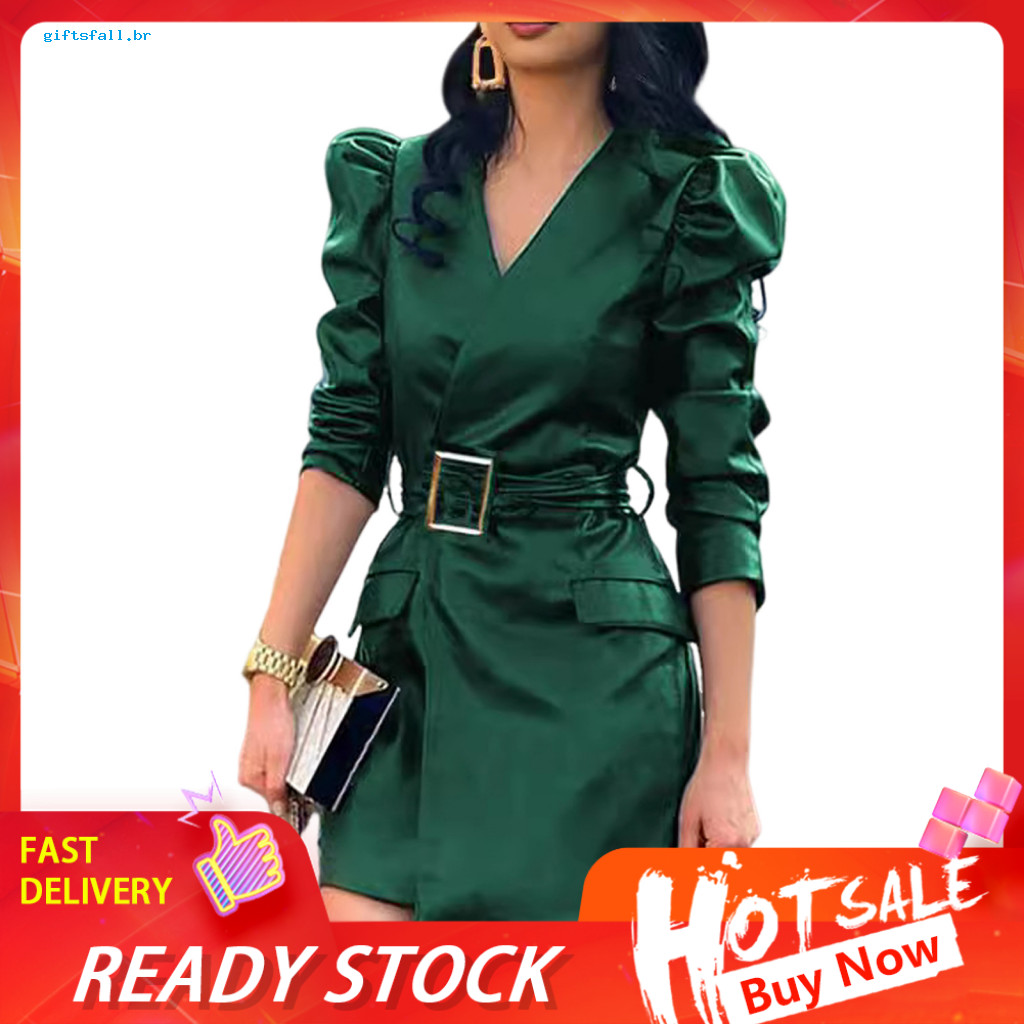Women Dress Fall Short Spring Women’s V Neck Faux Leather Mini with Belted Waist and Long Bubble Sleeves – Stylish S