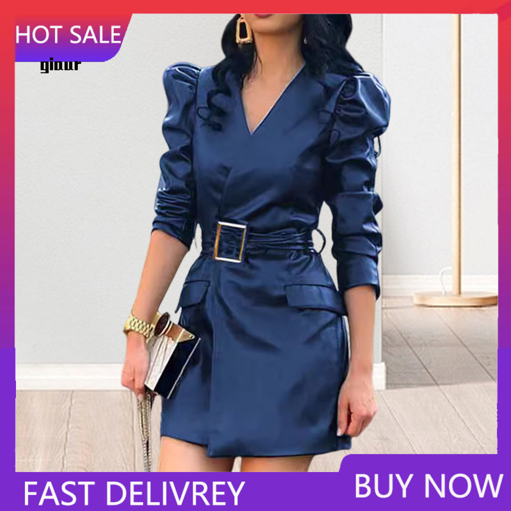 Slim Waist Mini Dress Women Spring Women’s V Neck Faux Leather with Belted and Long Bubble Sleeves – Stylish Solid C