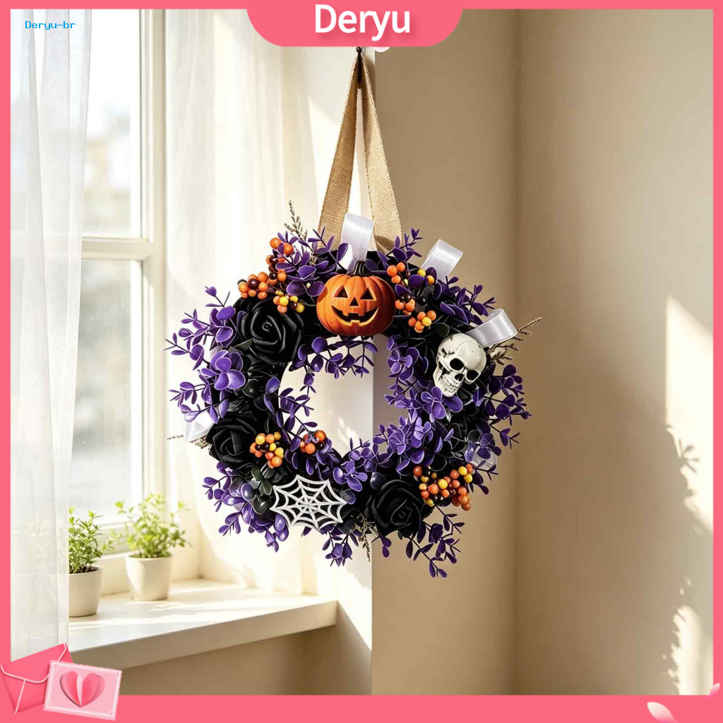 Halloween Party Hanging Decor Wreath for Front Door Skull Pumpkin for Black Roses Purple Leaves Berries Spooky Porch
