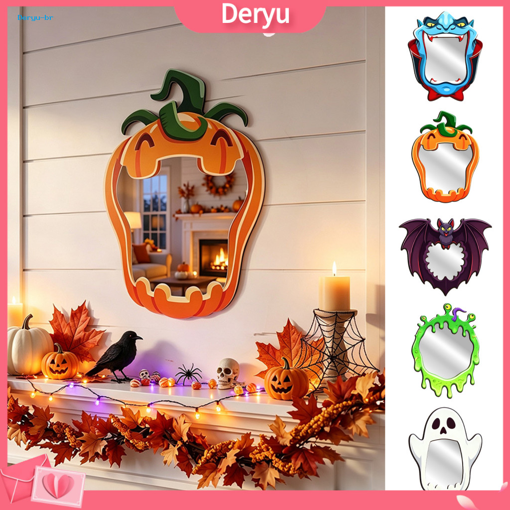 Ghost Wall Hanging Halloween Mirror Wooden Decorative with Pumpkin Bat Witch Designs – Fun Decor for Entryway Party fo