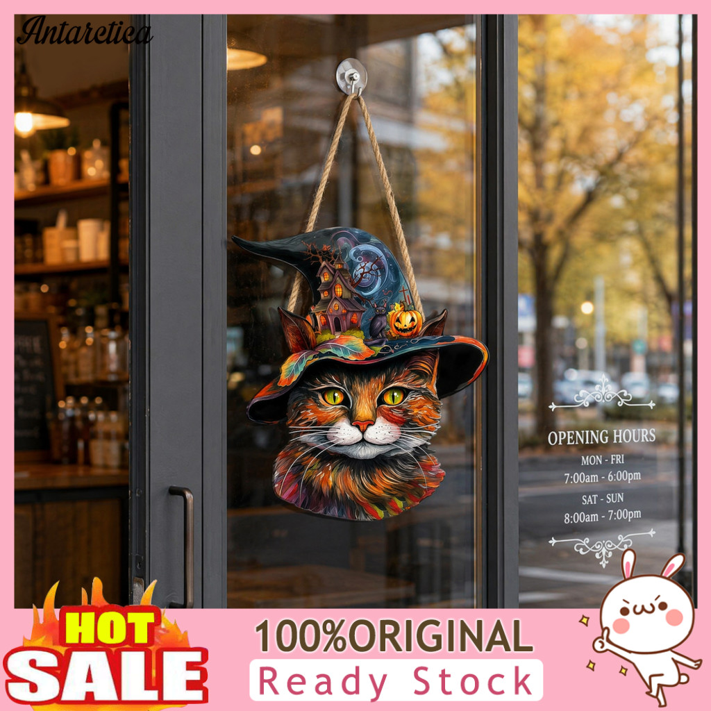 Halloween Sign Hanging Wooden Door Cute Cat with Witch Hat Haunted House Pumpkin Decor Rustic Welcome Ornament for Front