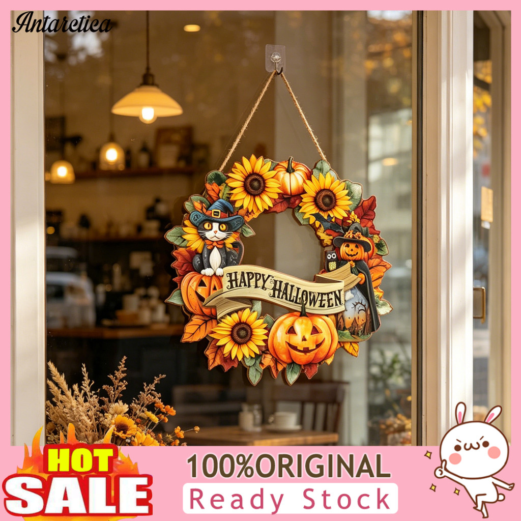 Halloween Wooden Sign Porch Decor Hanging with Spooky Black Cat Pumpkin Witch Ghost Ornaments – Festive Front Door for