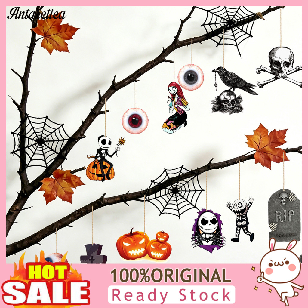 Halloween Hanging Decoration Party Decor 6pcs Wooden Decorations Ghost Pumpkin Eyeball Ornaments with Rope Spooky for