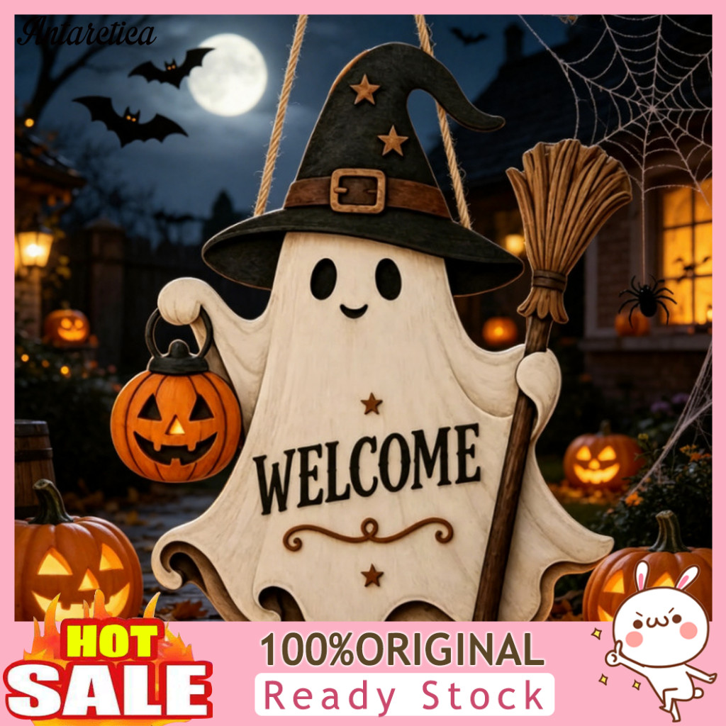 Halloween Wall Decor Wooden Door Sign Cute Ghost Welcome Hanging Ornament with Witch Hat Pumpkin Lantern Festive Front P