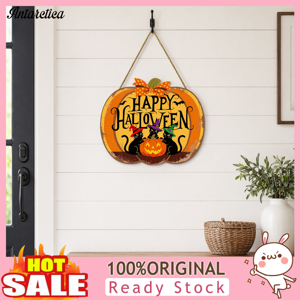 Door Wreath Alternative Happy Halloween Wooden Pumpkin Sign Spooky Farmhouse Porch Wall Hanging Decor Front Hanger for P