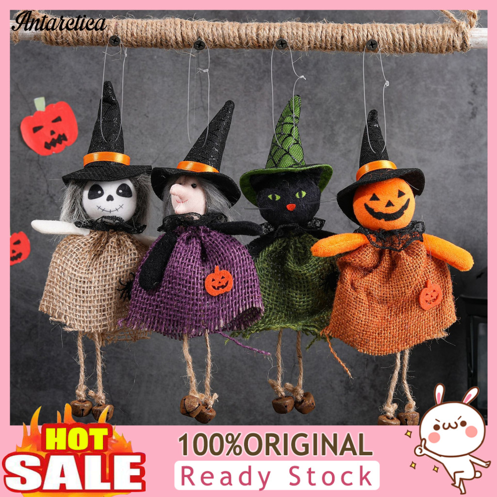 Halloween Witch Doll Decoration Hanging Decorations Set – Spooky Pumpkin Ghost Black Cat Dolls with Burlap Skirts Perf