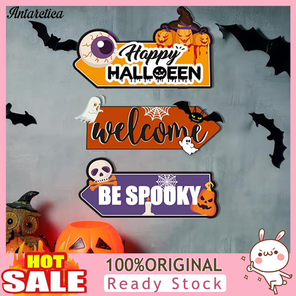 Eco-friendly Printed Sign Happy Halloween Door Rustic Wooden Wall Hanging Decor Spooky Skull Ghost Pumpkin Bat Front Han