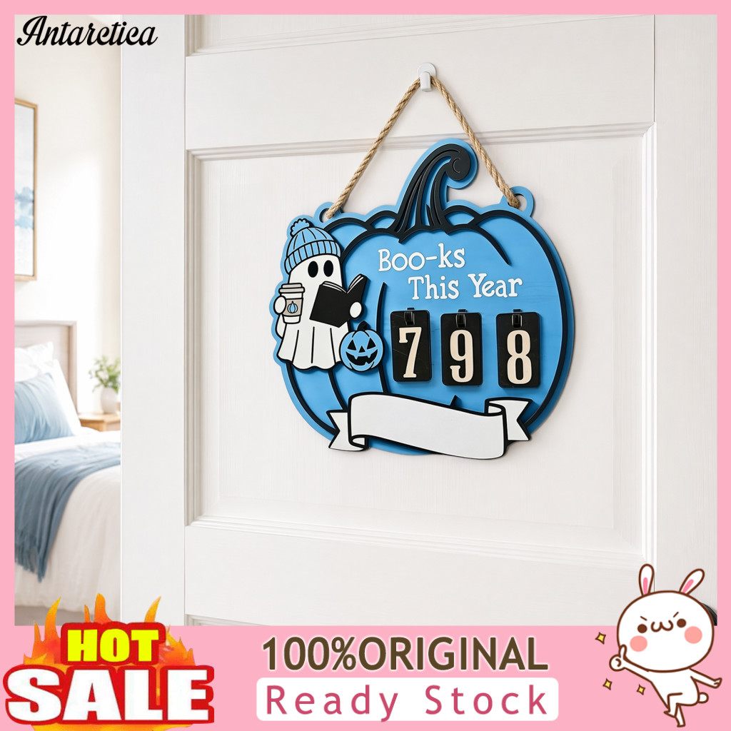 Halloween Reading Counter Digital Book Tracker Ghost Pumpkin Wooden Hanging Sign with Sliding Number Spooky 3d Carved fo