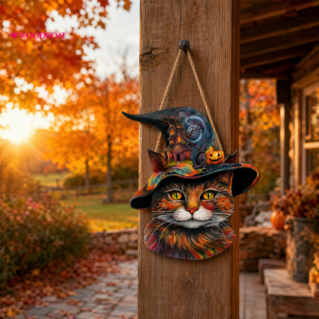 Halloween Wall Decor Sign Wooden Door Cute Cat with Witch Hat Haunted House Pumpkin Rustic Hanging Welcome Ornament for