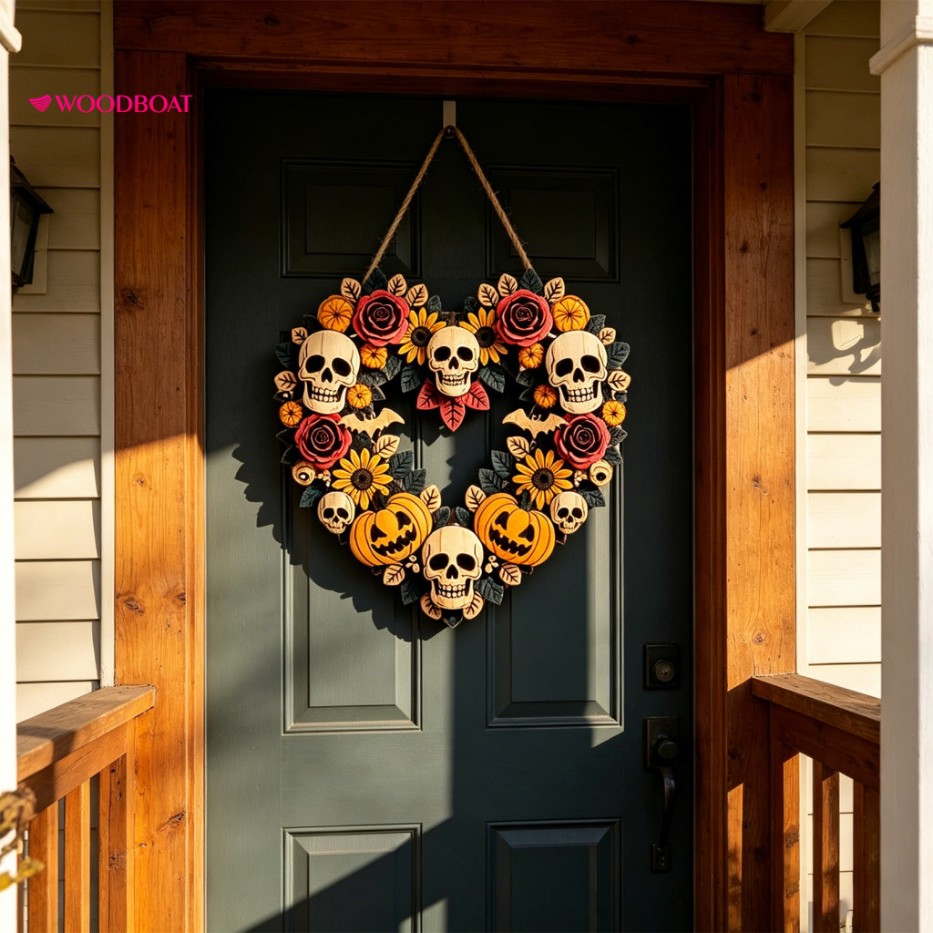 Wooden Halloween Wreath Door Sign Flower Skull Pumpkin Hanging Heart Shape Welcome Decor Ornaments for Front