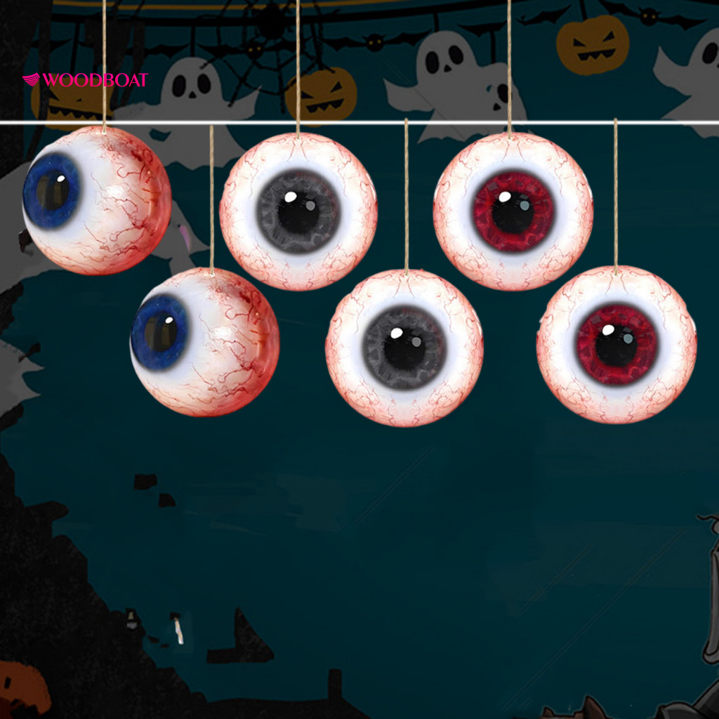 Wooden Halloween Ornament Hanging Decoration 6pcs Decorations Set – Ghost Pumpkin Eyeball Ornaments with Rope for