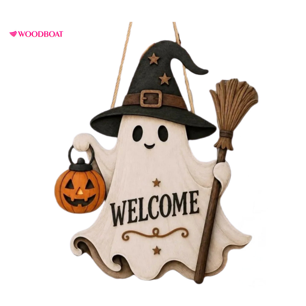 Broomstick Halloween Sign Wooden Door Cute Ghost Welcome Hanging Ornament with Witch Hat Pumpkin Lantern Festive Front P