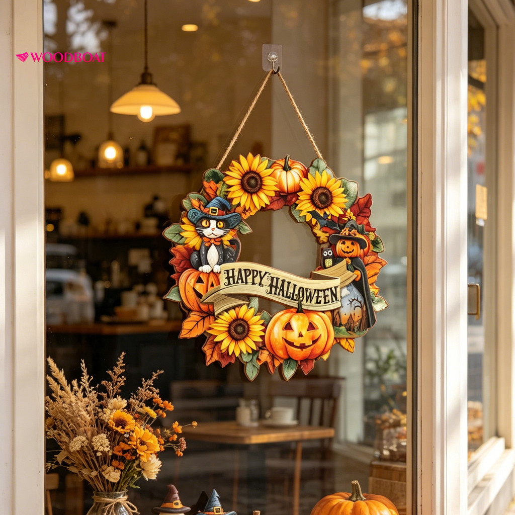 Hemp Rope Hanging Sign Halloween Wooden with Spooky Black Cat Pumpkin Witch Ghost Ornaments – Festive Front Door Porch