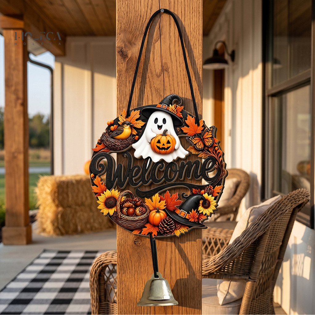 Wooden Welcome Sign for Front Door Halloween Party Hanging Ornament Pumpkin Ghost Hanger with Bell Cute Wall Decor for I