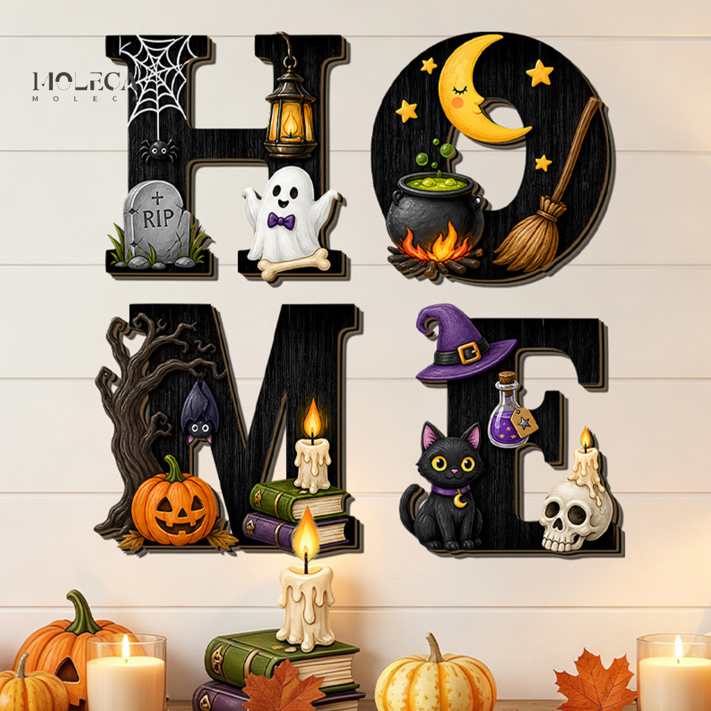 Halloween Wall Decorations Holiday Gift for Home Wooden Hanging Ornament Festive Ghost Skull Pumpkin Black Cat Bat Decor
