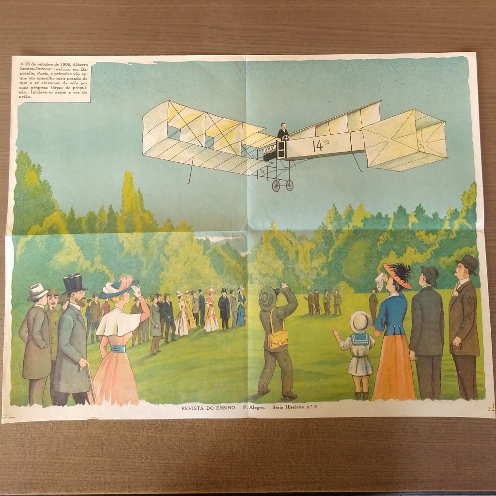 Pôster Antigo Santos Dumont Avião 14 Bis Anos 60 Revista do Ensino Carl Ernest Zeuner Material Didático Secretaria de Educação e Cultura Rio Grande do Sul