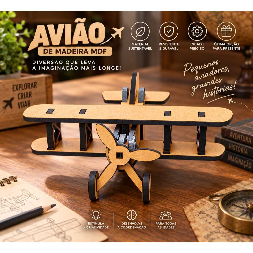 Miniatura Avião Tipo 14 Bis em MDF | Santos Dumont | Decoração e Presente