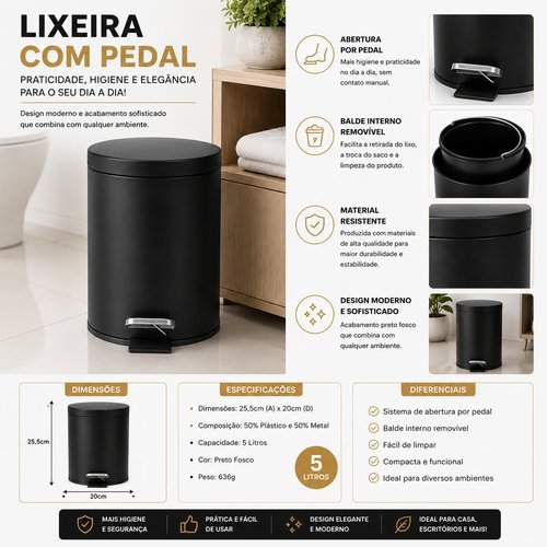 Lixeira Com Pedal Capacidade 5 Litros Com Tampa Preta Funcional Pratica E Higienica