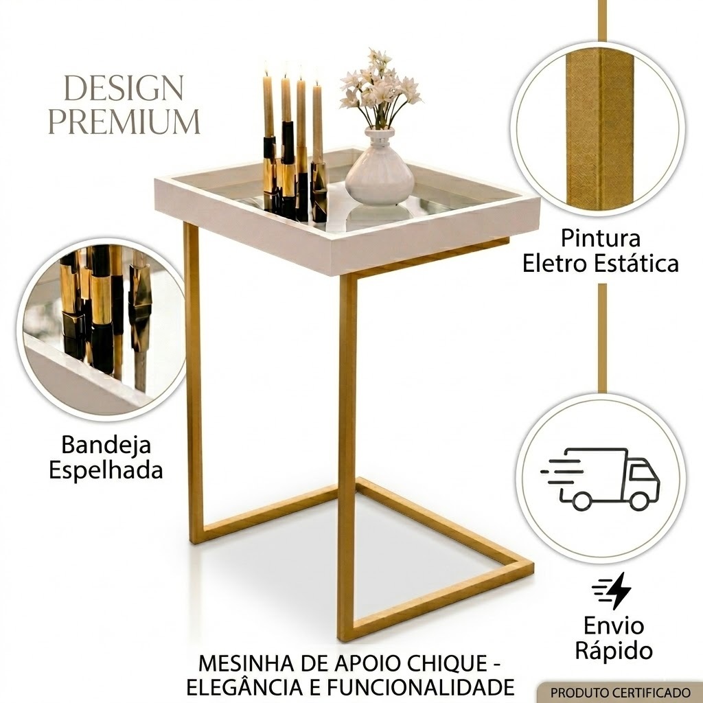 Mesa de Apoio Lateral Luxo com Espelho  Mesa Sofá Decorativa Moderna e Funcional