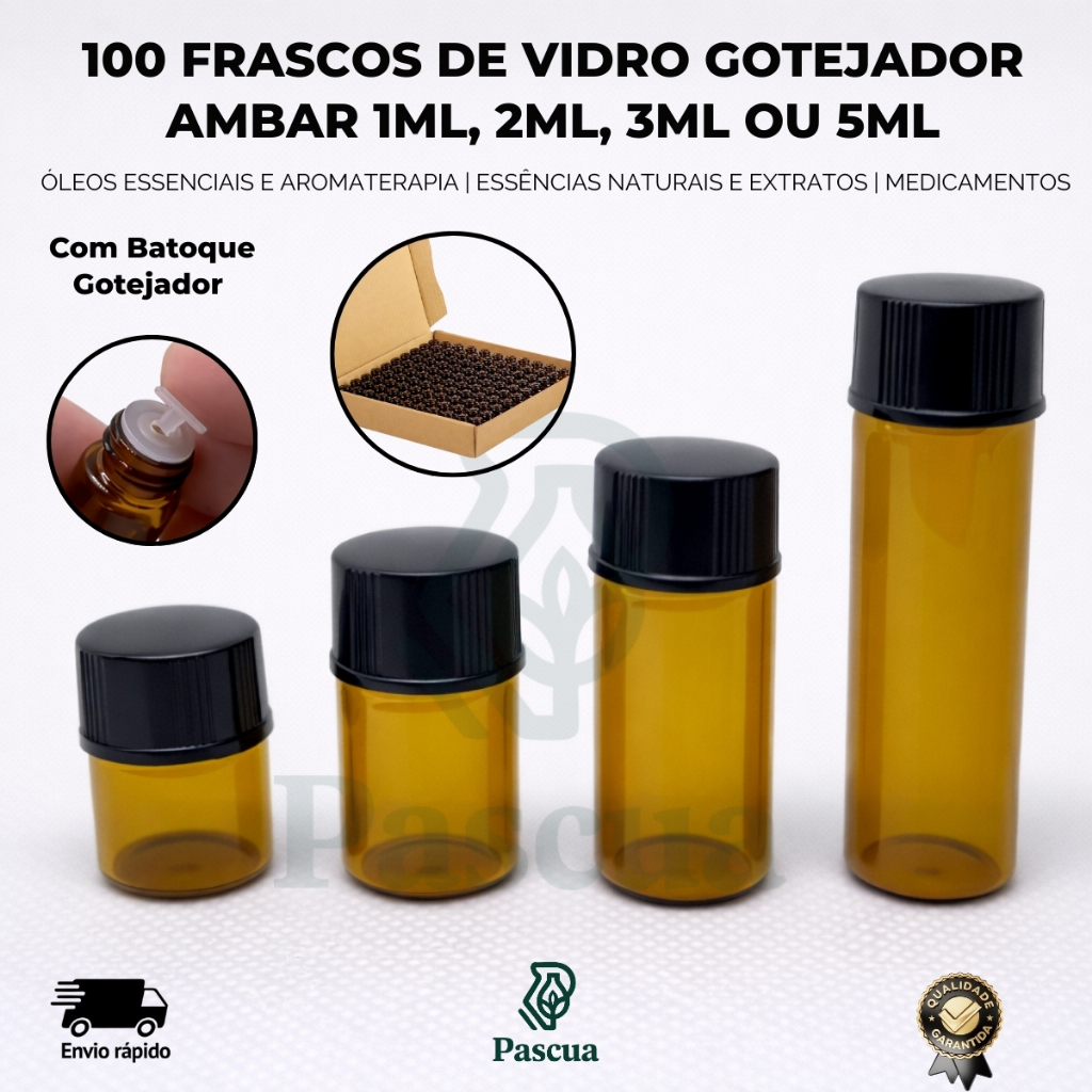 Kit Com 100 Frascos De Vidro Âmbar Gotejador 1ml/2ml/3ml/5ml Para Óleo Essenciais Conta Gotas