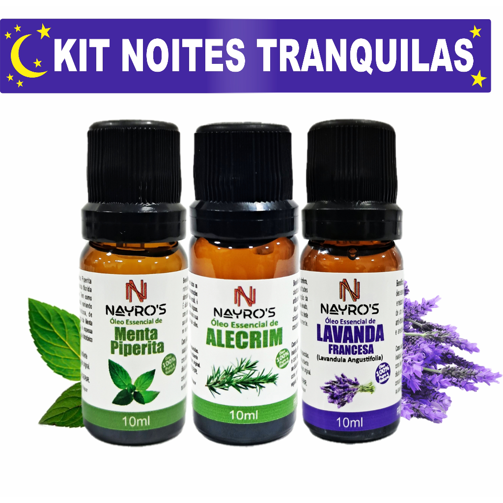 Kit Noites Tranquilas | Óleo Essencial de Menta Piperita , Alecrim e Lavanda | Frasco Gotejador