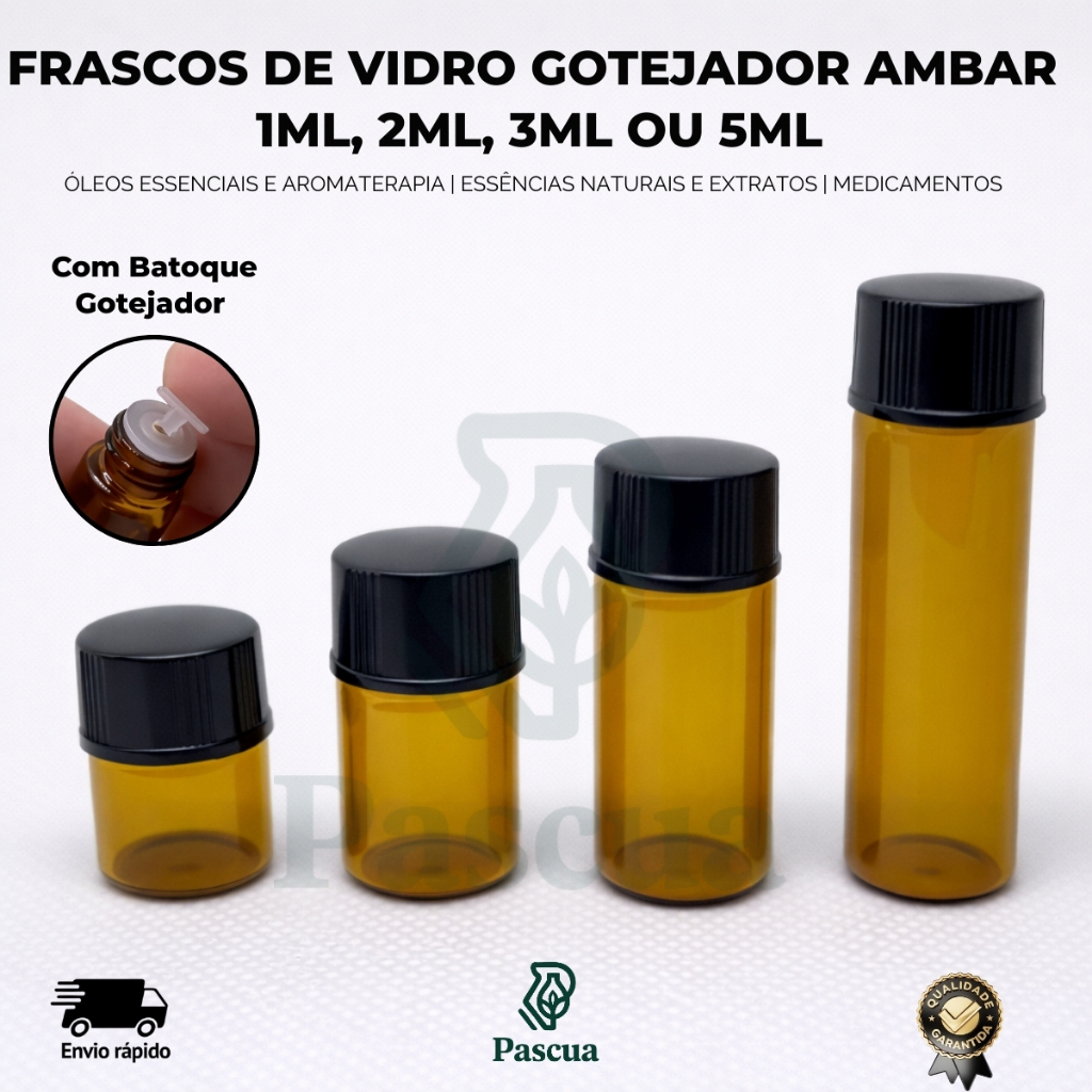 Kit 10 ou 20 Frascos De Vidro Âmbar Gotejador 1ml/2ml/3ml/5ml Para Óleo Essenciais | Aromaterapia