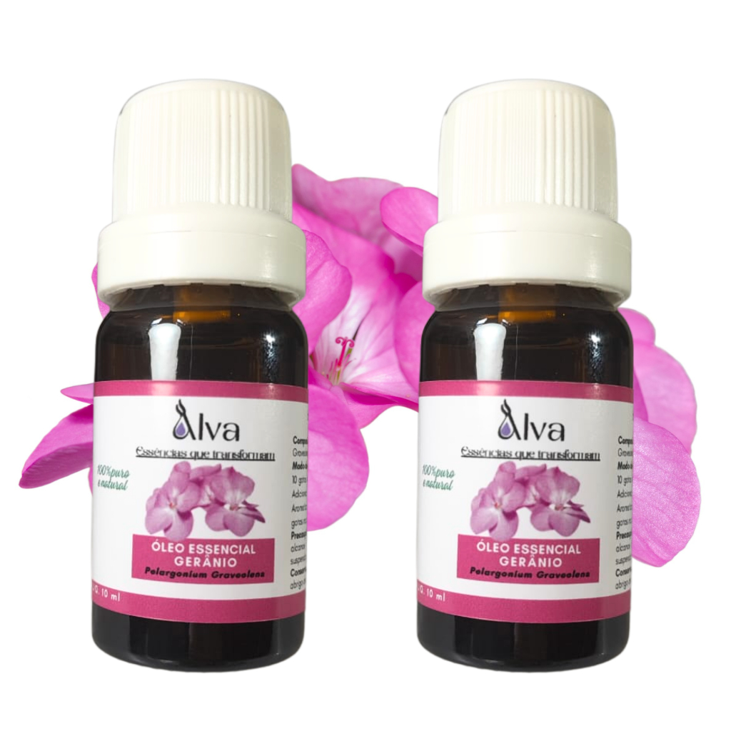 Kit com 2 Óleos Essenciais de Gerânio 100% Puro - Alva - Frasco de vidro e gotejador com 10 ml cada