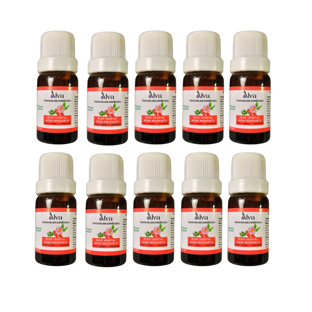 KIT 10 Óleos Vegetais de Rosa Mosqueta - 100% Puro - Alva - Frasco de vidro com gotejador 10 ml cada