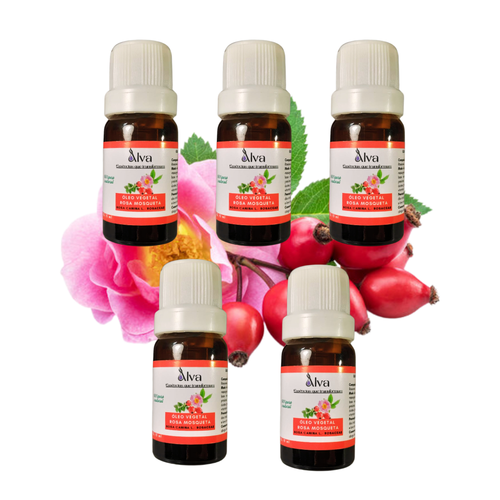 KIT 5 Óleos Vegetais de Rosa Mosqueta - 100% Puro - Alva - Frasco de vidro com gotejador 10 ml cada
