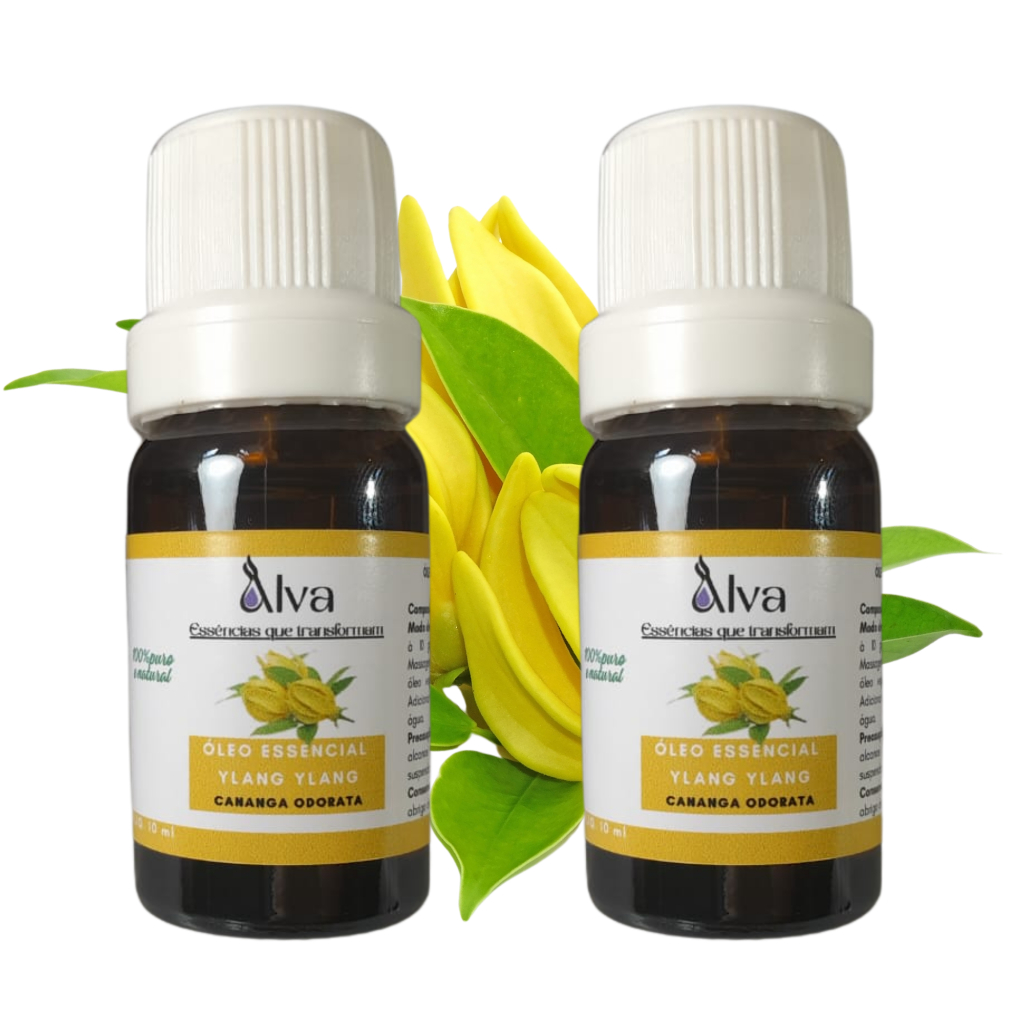 Kit com 2 Óleos Essenciais de YlangYlang 100% Puro - Alva - Frasco de vidro gotejador com 10 ml cada