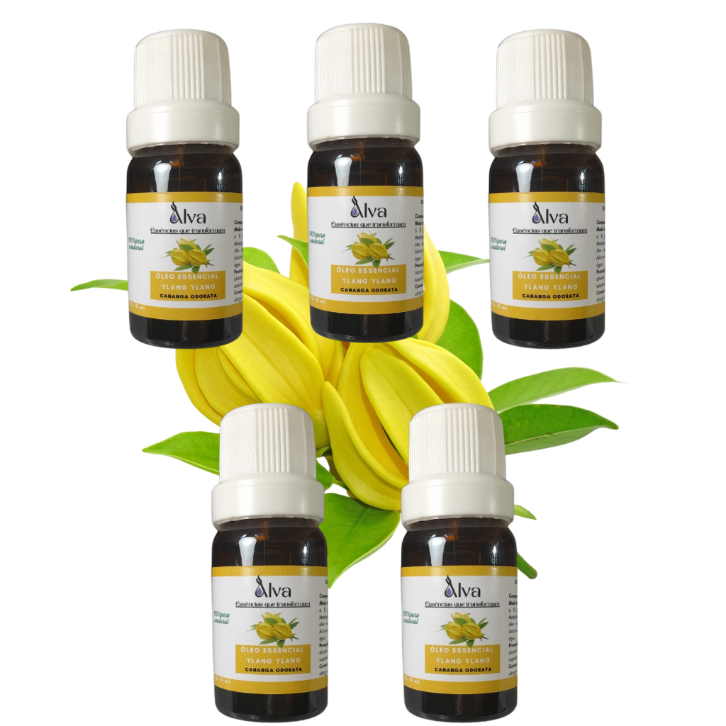 Kit com 5 Óleos Essenciais de Ylang Ylang 100% Puro - Alva - Frasco de vidro gotejador com 10ml cada