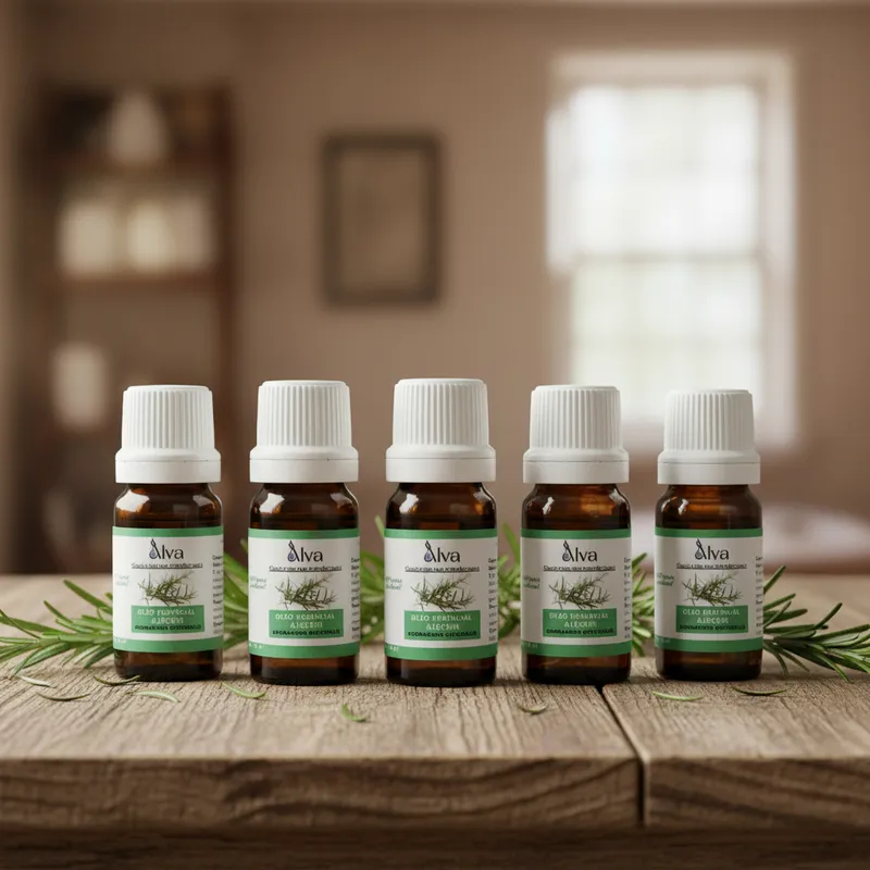 Kit com 5 Óleos Essenciais de Alecrim 100% Puro - Alva - Frasco de vidro e gotejador com 10 ml cada