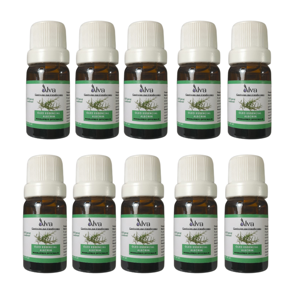 Kit com 10 Óleos Essenciais de Alecrim 100% Puro - Alva - Frasco de vidro e gotejador com 10 ml cada